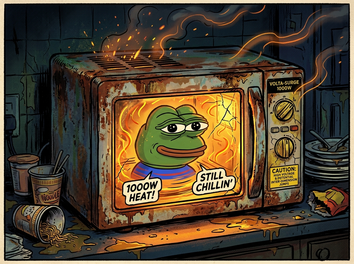 Pepe relaxing inside a rusty, smoking microwave