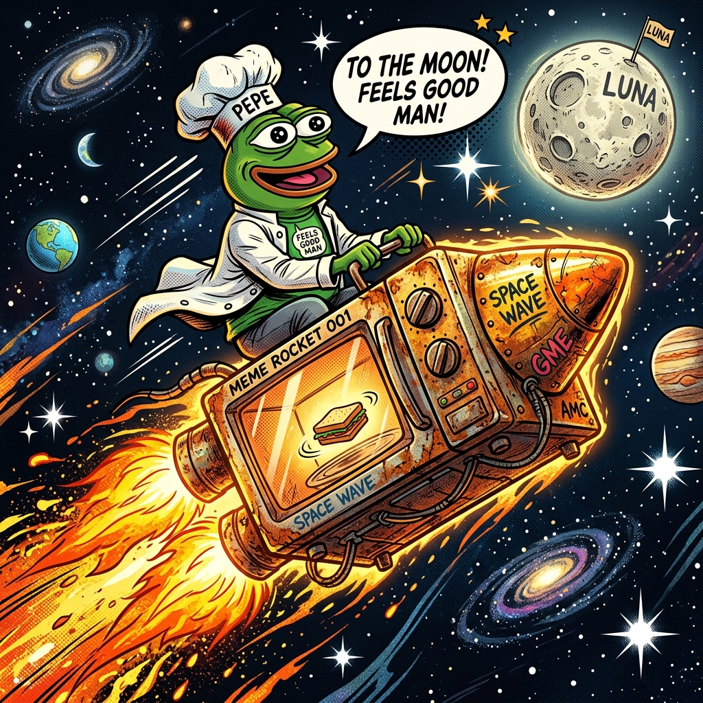 Pepe in a chef hat riding a microwave rocket to the moon