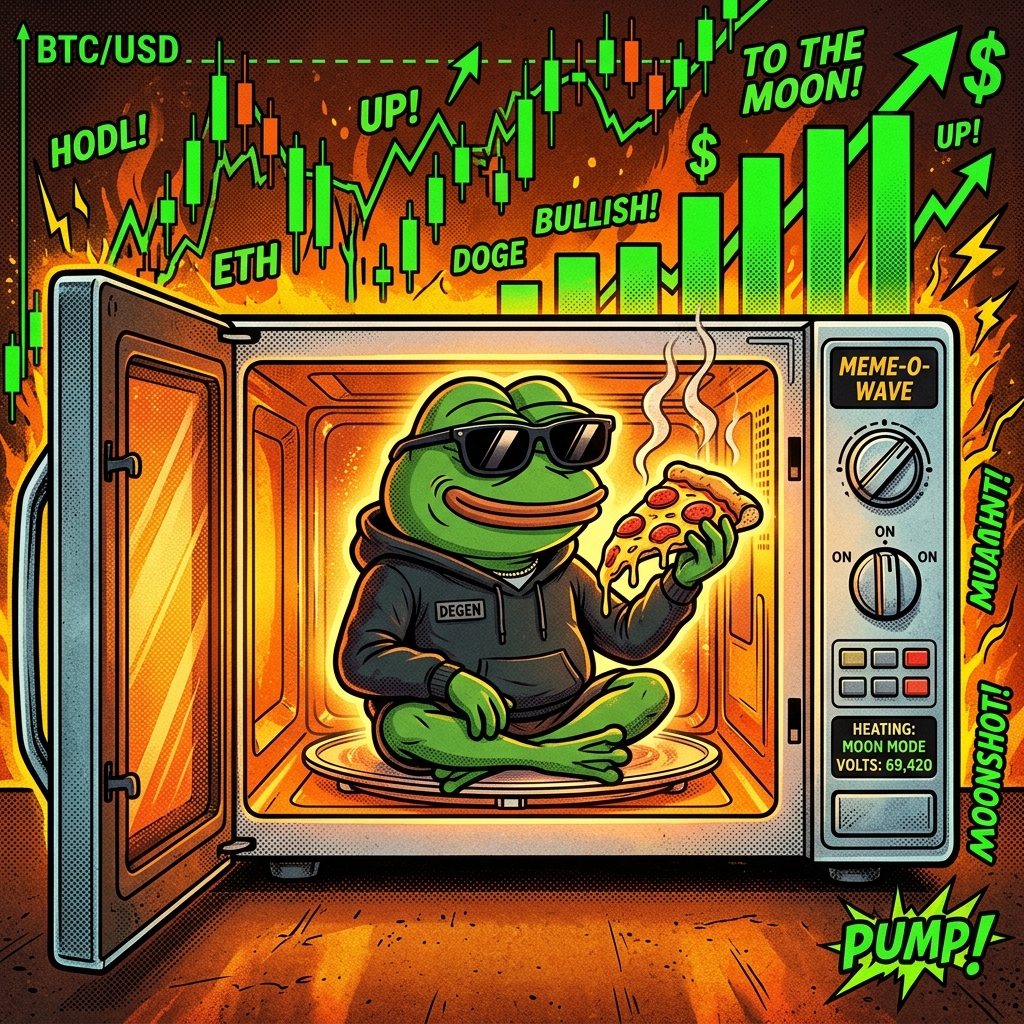 Pepe in sunglasses eating pizza inside a microwave while green candles climb